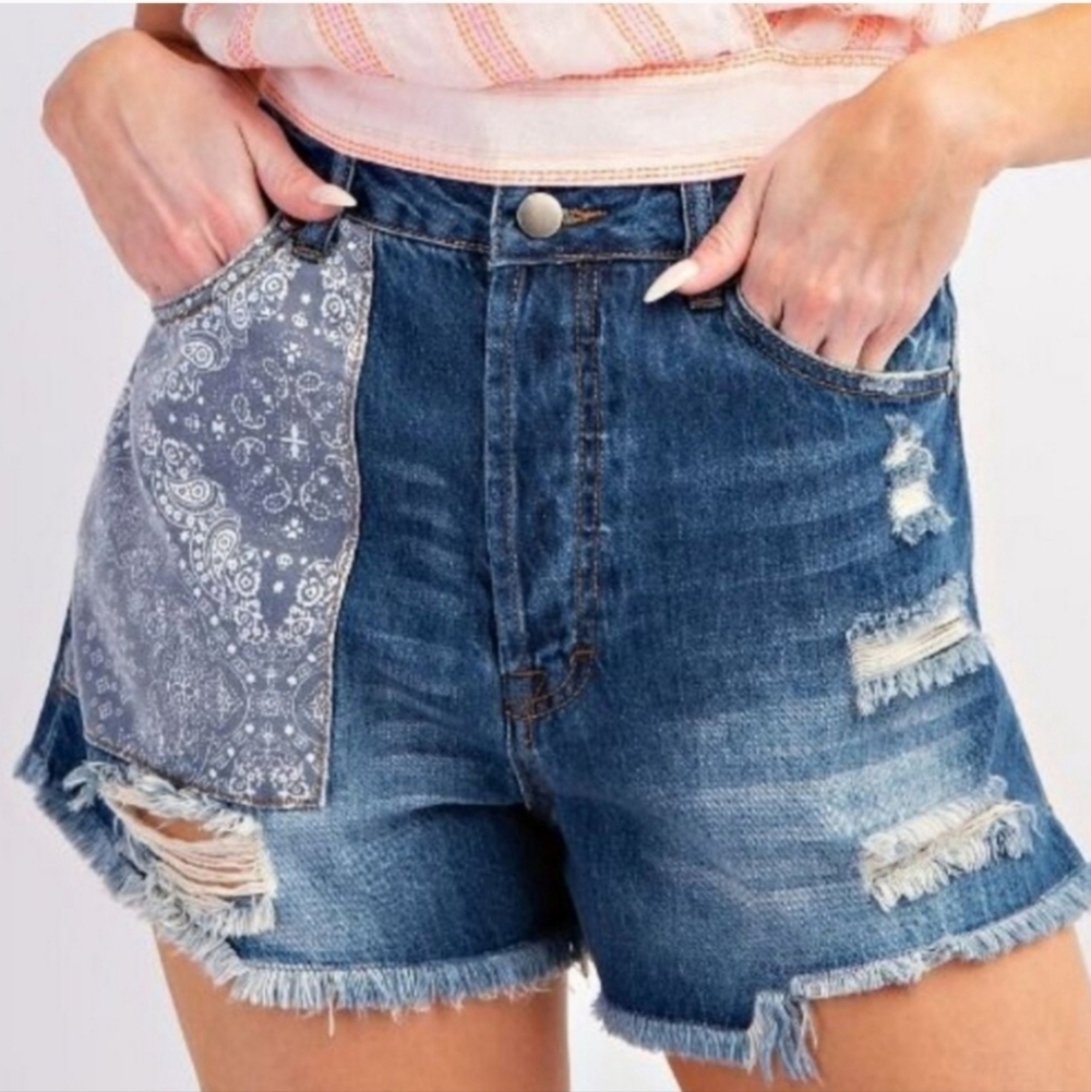 Easel Dark Wash Jean Shorts Distressed High-Waisted With Patch Pocket